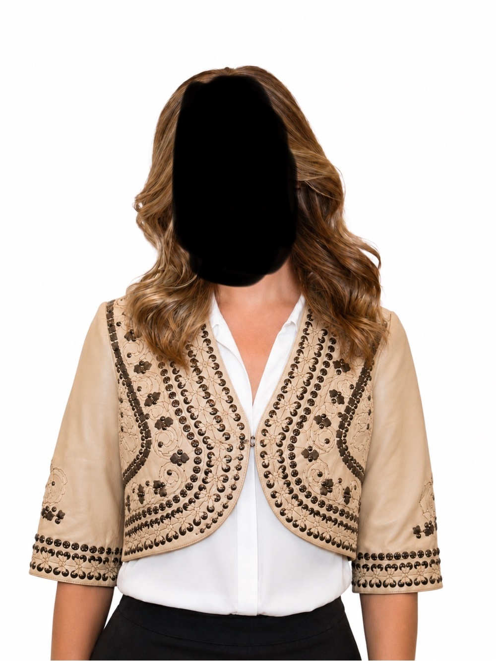Double D Ranch Embellished Cream Cropped Soft Leather Bolero Jacket size XS